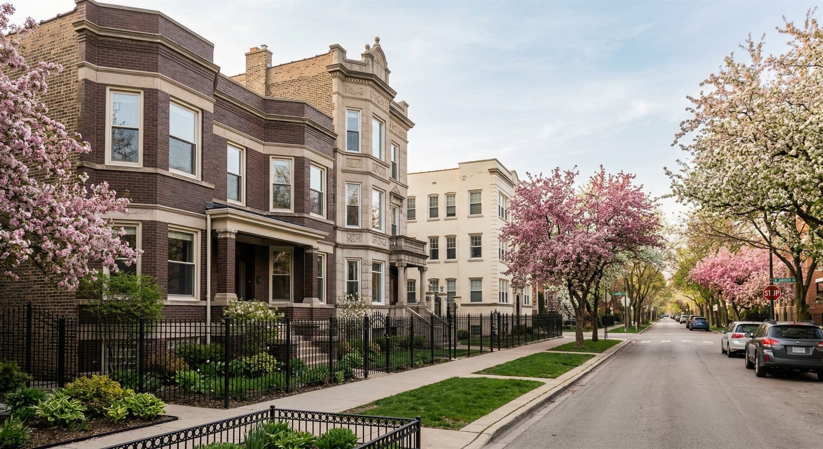 Residential Chicago street with classic brick homes